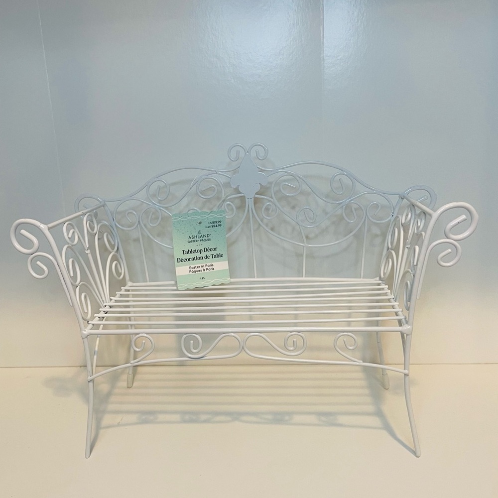 White Metal Scrollwork Bench, Home Decor, Spring Tabletop decor